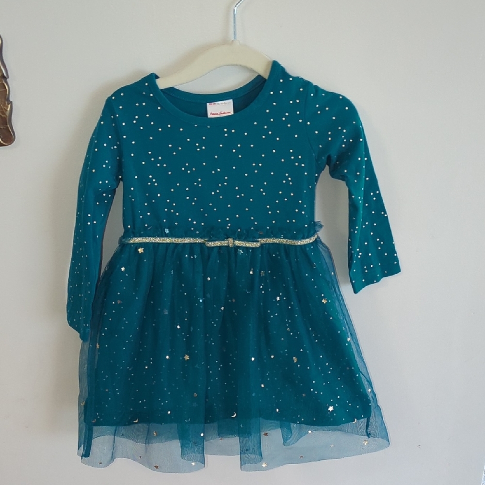 Hanna Andersson Teal Dress with Gold Dots Size 18-24 Months.